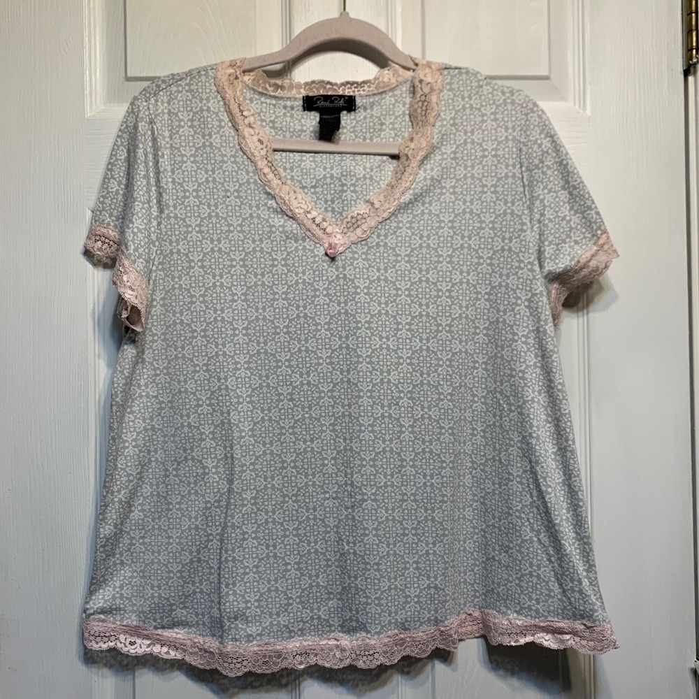Rene Rofe Pajama Set Large Grey Pink Lace Trim Geometric Print Sleepwear 2pc